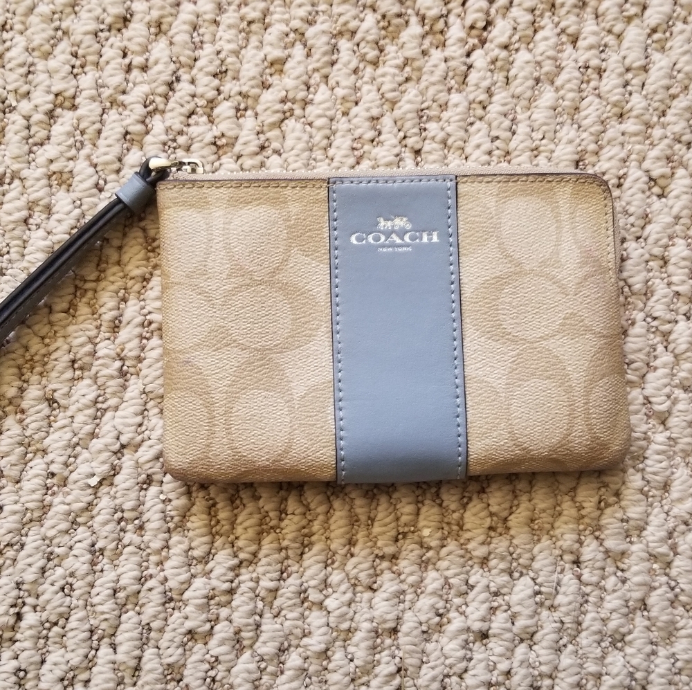 Coach Tan Blue Stripe Wristlet